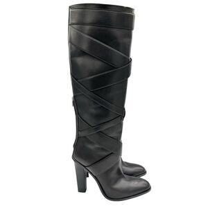 NEW Saint Laurent Knee High Leather Heeled Boots Criss Cross Black Size 9.5